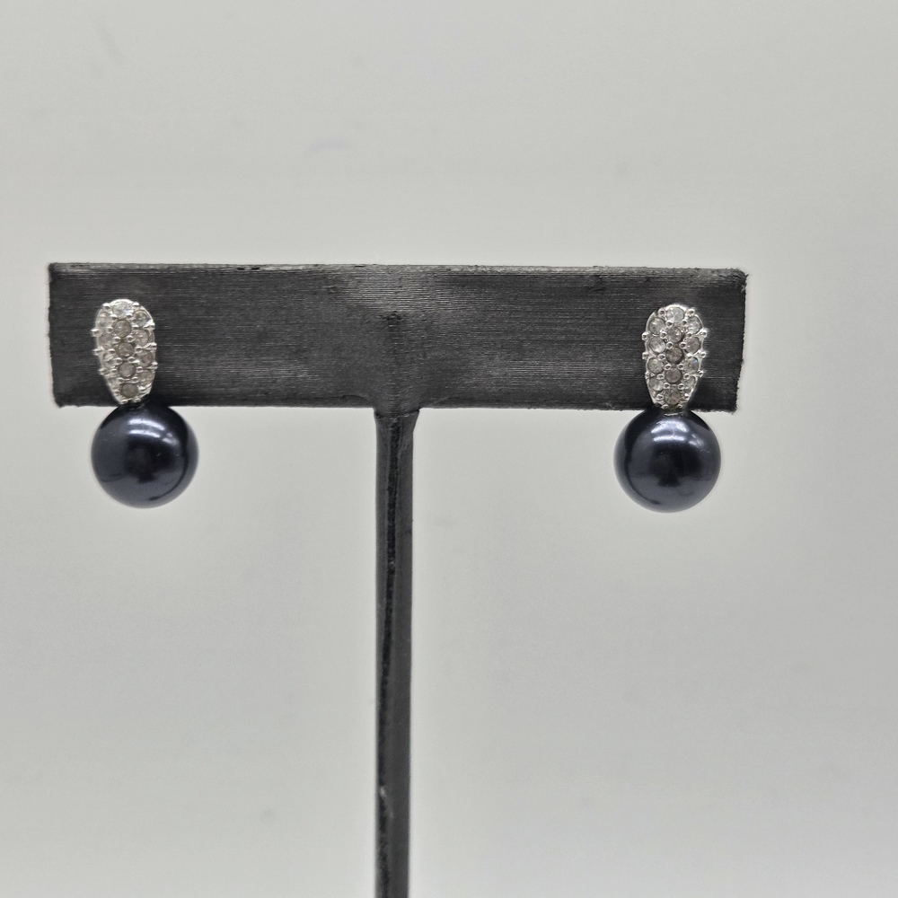 faux tahitian black pearl pave rhinestone pierced earrings costume elegant